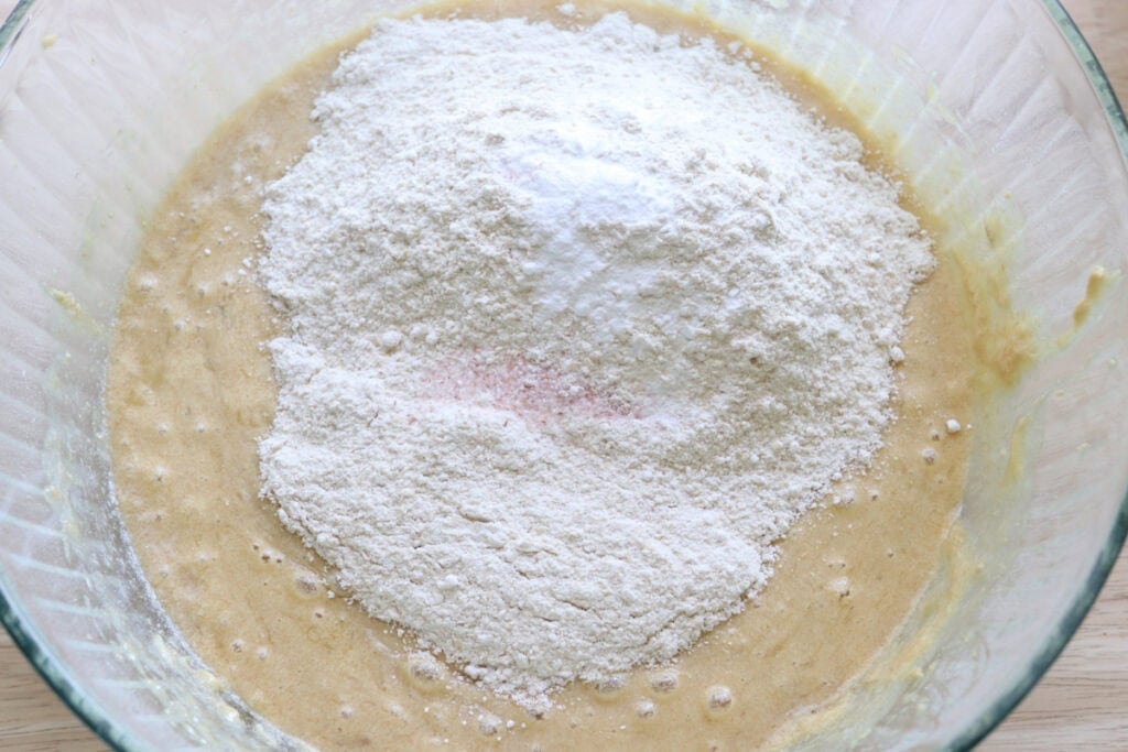 flour added to the batter for freshly milled frosted banana bars