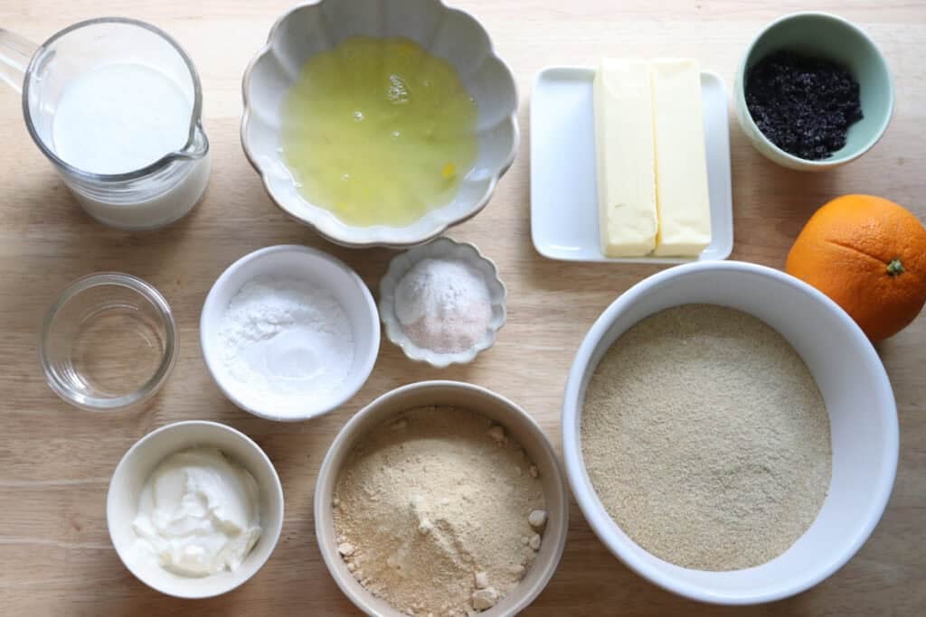 ingredients for the Freshly milled orange almond poppy seed cake