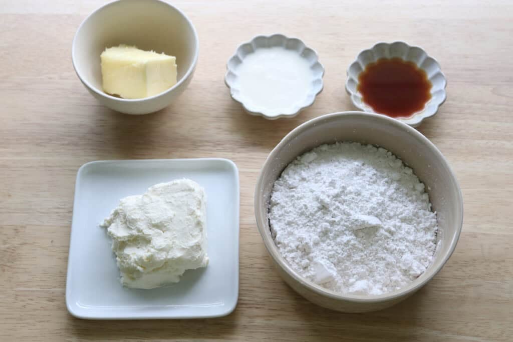 ingredients to make the icing for freshly milled blueberry cheesecake oatmeal cream pies