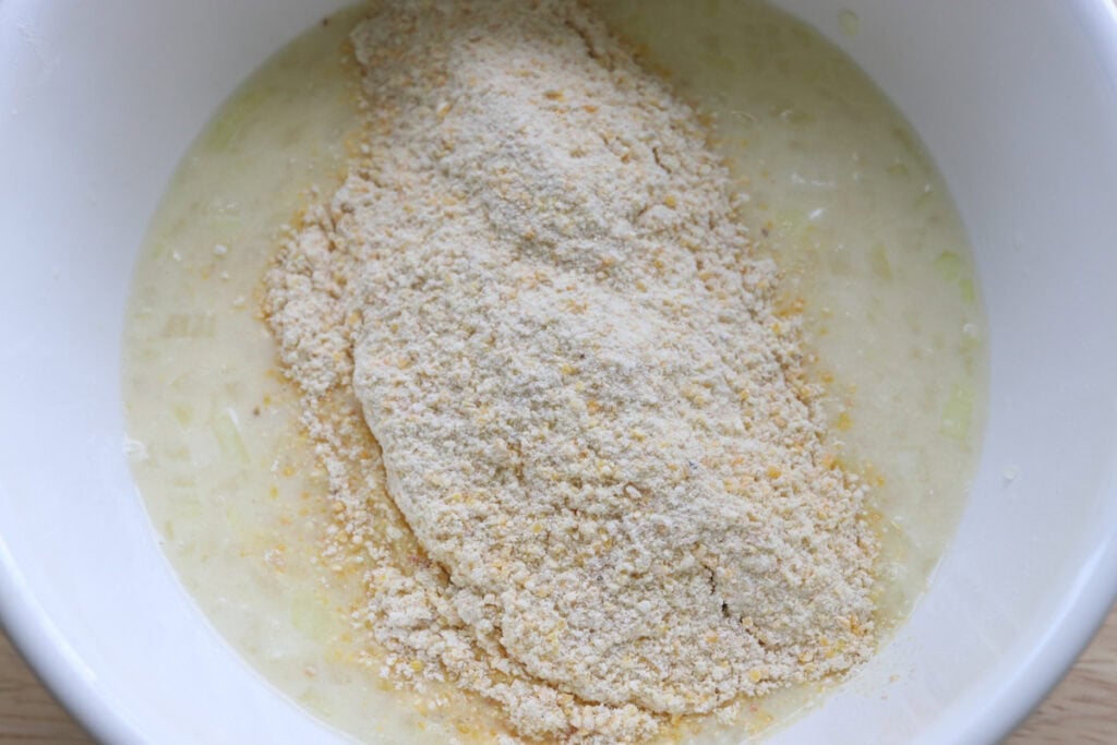 Freshly milled flour and cornmeal added to the batter to make hush puppies